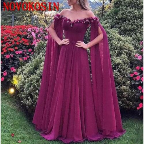2019 Flowers Chiffon Formal Dresses Evening Wear Long Sleeves Off The Shoulder Prom Dress Long Party Gowns
