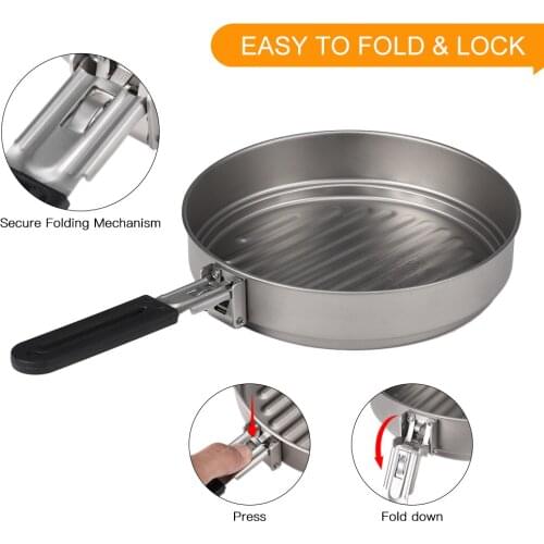 Ultralight Folding Titanium Fry Pan Grill Frying Pan with Folding Handle for Outdoor Cooking Camping Hiking Backpacking