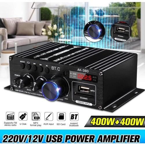 400W*2 Power Amplifier Audio Karaoke Home Theater Amplifier 2 Channel Bluetooth Amplifier Class D FM Radio USB/SD AUX Input
