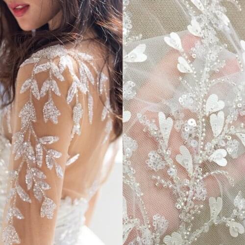 High grade peach heart laser flower beaded mesh embroidery lace fabric for wedding dress cloth DIY accessories