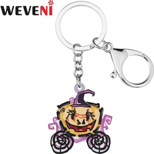 WEVENI Halloween Acrylic Horrror Smile Pumpkin Car Keychains Fashion Bag Key Chain Ring Unique Charm Jewelry For Women Girl Gift