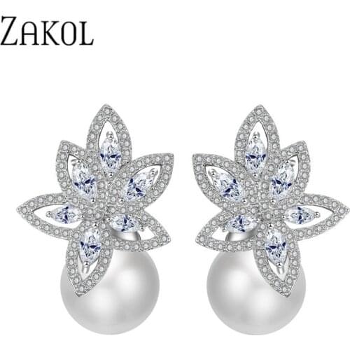 ZAKOL Simulated Pearl Jewelry Exquisite Cubic Zircon Stud Earrings for Elegant Women Classic Bridal Wedding Anniversary FSEP185