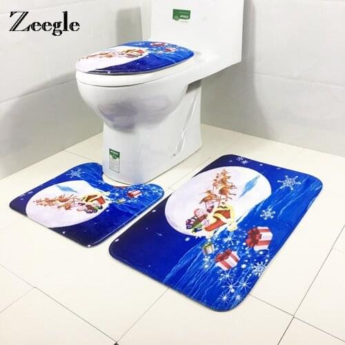 Zeegle 3pcs Christmas Decoration Flannel Toilet Rug Bathroom Carpets Set Absorbent Sponge Bath Mats Washable Bathroom Foot Mats