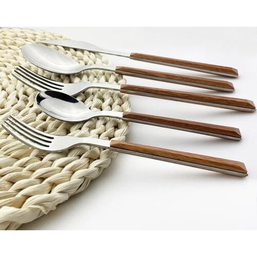 Mirror Dinnerware Glossy Silver Stainless Steel Set Knife Fork Dessert Spoons Wood Texture Flatware Set Sliverware Tableware Set