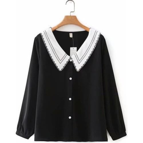 Oversized shirt peter pan collar chiffon womens blouses new 2021 spring autumn Womens long sleeve top pink black white