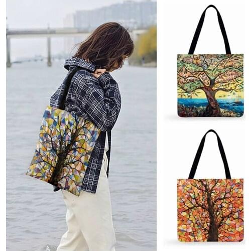 Ladies Shoulder Bag Watercolor Tree Painting Print Tote Bag For Women Casual Tote Foldable Shopping Bag Outdoor Beach Tote Bag