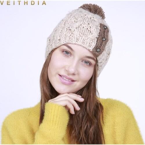 VEITHDIA 2019 Handmade Autumn Winter Knitted With buckle Hat Women Caps Bonnet Warm Baggy Winter Hats For Girls Skullies Beanies