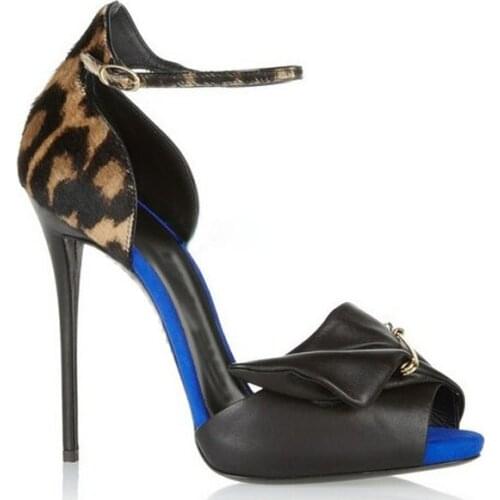 Ladies Hinged Pin Bowtie Sandals Summer High Heels Sandals Gladiator Peep Toe Leopard Patchwork Stiletto Heel Female Sandalias