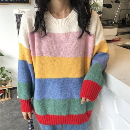 Wenfly Women Pullovers Warm Thick Sweater O-Neck Long Sleeve Harajuku Striped Oversized Sweaters Korean Loose Casual
