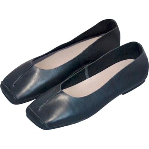 Low-heeled 100% Genuine Leather Women Shoes Square Toe Sewing Summer Autumn Ladies Flats Shoes Solid Color Women Simple Shoes