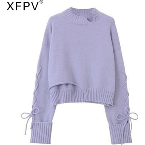 XFPV Woman Sweater Kniited Solid Lace Up Irregular Long Sleeve O Collar Loose Casual Style 2021 Autumn Korean Fashion SM741