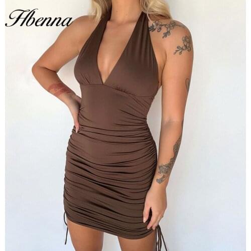 Hbenna Sexy Backless Party Dress Side Drawstring Bodycon Mini Dress Sleeveless V-Neck Elegant Brown Solid Ruched Dress Women New