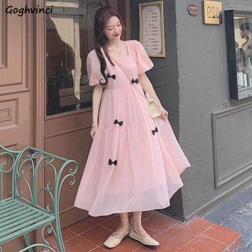 Summer Chiffon Dresses Women Bow Solid Dress Simple Loose Square Collar Elegant Retro Sweet Vintage French Style Ladies Chic New