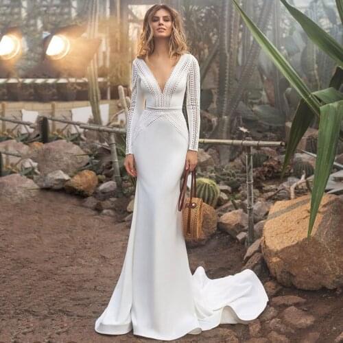 Eightree Vestido de Noiva Sereia 2021 White Mermaid Wedding Dresses Lace V Neck Backless Bride Dress Sexy Wedding Gowns Women