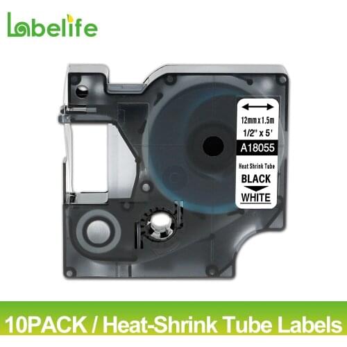 10 Pack 18055 Black on White 12mm for DYMO Rhino IND Heat Shrink Tubes LabelWriters PRO1000 Rhino3000 Rhino4200 Rhino5000
