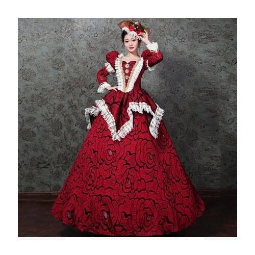 100%real masquerade red vintage rose court medieval dress renaissance Gown queen Victorian /Marie/ Belle Ball/drama/ball gown