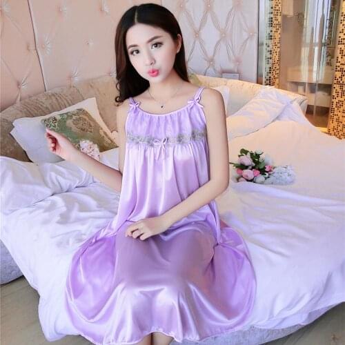 2020 Embroidery Satin Nightgown Sexy Lace Sleepwear Strap Spaghetti Ladies Silk Nightwear Sleep Wear Night Gown Lingerie Dress