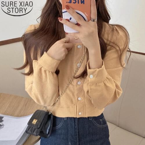 2021 Fashion Square Collar Casual Tops Sweet Women Blouse Autumn Single-breasted Long Sleeve Shirt Female Korean Blouses 12747