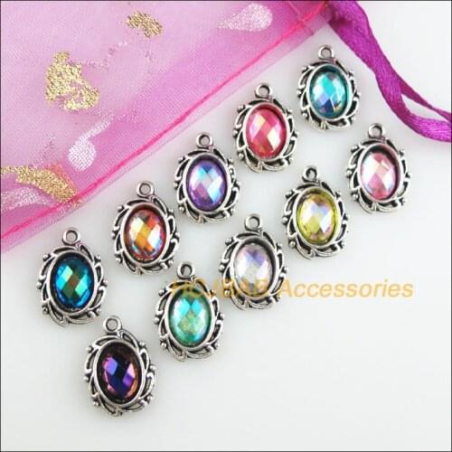 20Pcs Tibetan Silver Tone Oval Flower Mixed AB Acrylic Charms Pendants 11x15mm