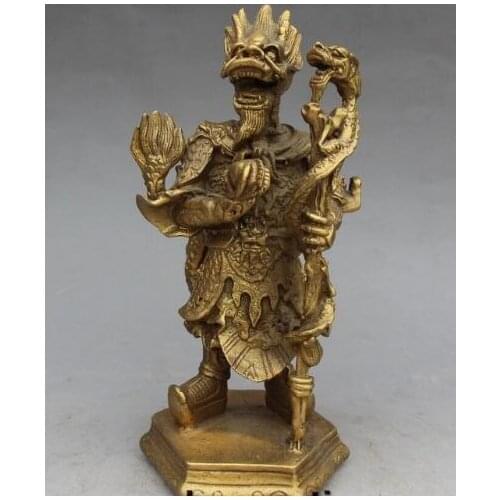 306 6" Chinese Folk Stand Lotus Dragon King God Hold Ball Truncheon Statue