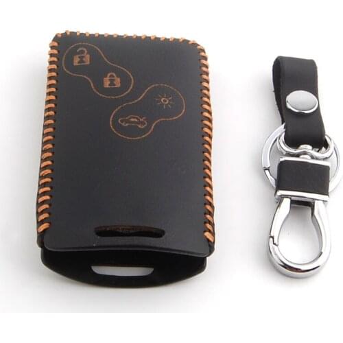 BBQ@FUKA Yellow Thread Leather 4 Buttons Car Remote Key Chain Holder Bag Cover Case Fob Keyfob Fit For Koleos Fluence Laguna