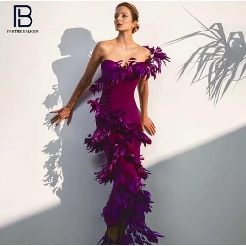 PB Chic Hot Pink Feather Design Long Dress Sexy One Shoulder Celebrit Party Club Velvet Vestido Free Shipping