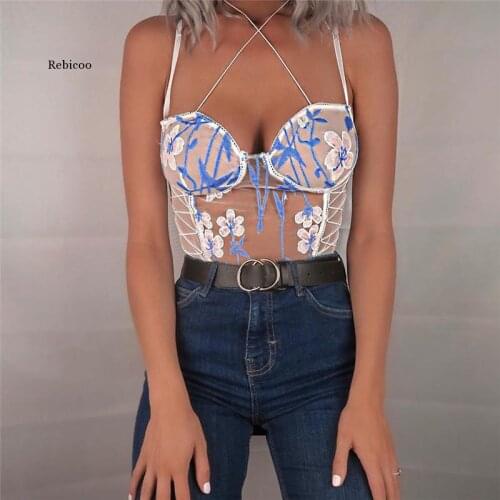 Summer White Lace Bodysuit Sexy Hollow Women Floral Embroidery Bandage Bustier and Corset Transparent Splice Mesh Jumpsuit