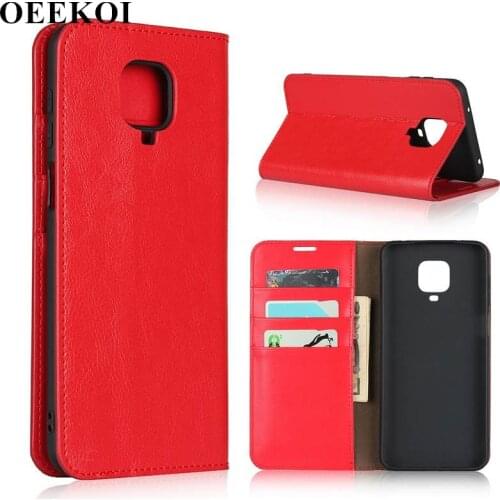 OEEKOI Crazy Horse Genuine Leather Wallet Flip Case for Xiaomi Redmi Note 9 Pro