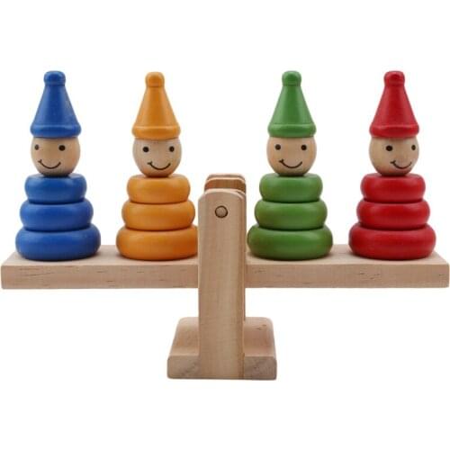 Wooden Clown Rainbow Stacker Seesaw Balance Scale Board Balancing Game Kids Early Education Toys For Children