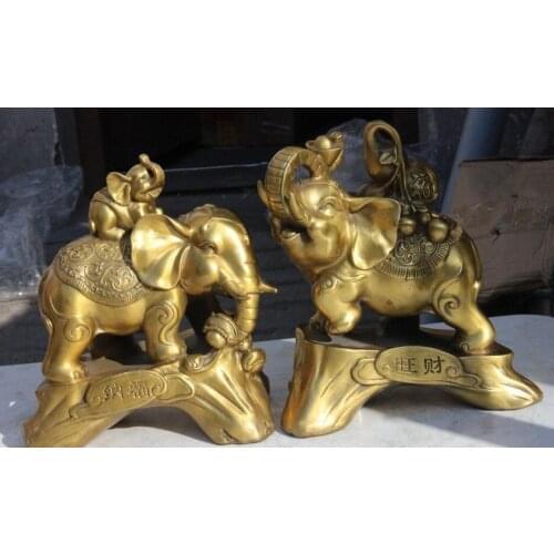 China Brass Copper Auspicious Elephant Yuan bao Gourd Bat Statue Pair