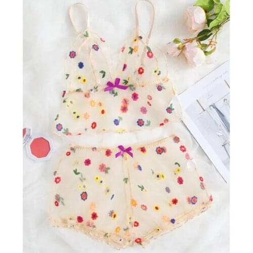 Women Sexy Lace Lingerie Set Floral Embroidery Perspective Sling Camisole Top + Shorts Ladies Exotic Underwear Set Nightwear