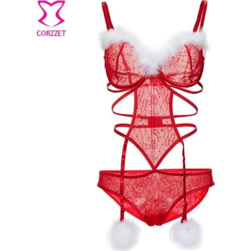 Red Floral Lace With White Feather Hollow Out Women Baby Doll Sexy Lingerie Hot Plus Size Erotic Teddy Porn Underwear Night Wear