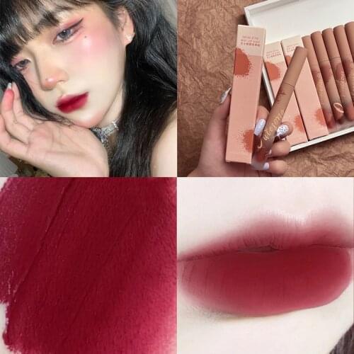 6 Color Thin Tube Matte Lipstick Velvet Lip Gloss Waterproof And Long-lasting Non-stick Cup Fashionable Sexy Lip Cosmetics TSLM1