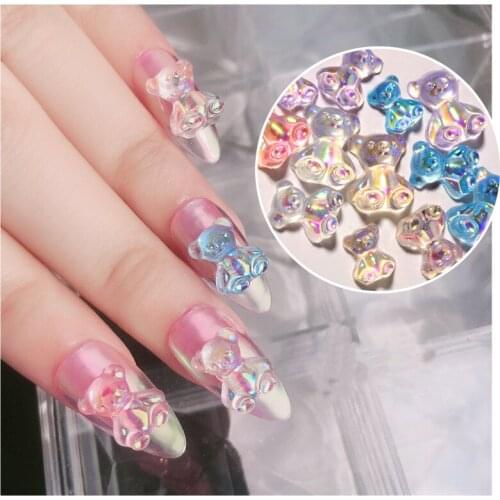 Cute 3D Bear Resin Nail Art Decorations Aurora Rhinestone for Nails Glitter Jelly Ornaments DIY UV Gel Manicure Accessories 6pcs