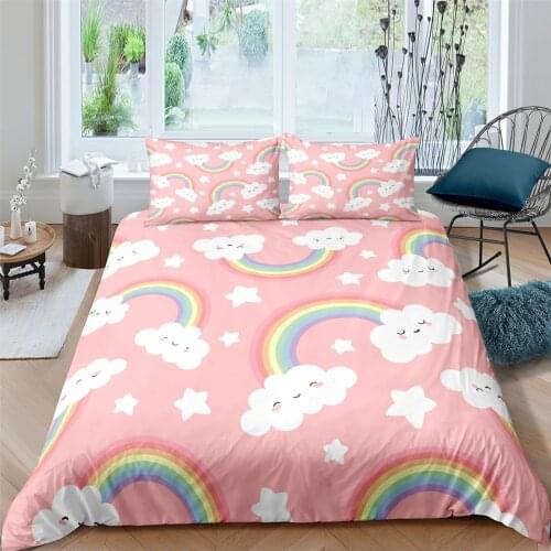 Cartoon Bedding Set Rainbow Clouds Printed Quilt Cover Duvet Cover Set Pillow Case Kids Girls Gifts King Queen Twin Quilt Covers