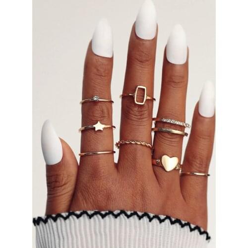 KISSWIFE 8 Pcs/set Women Fashion Rings Hearts Stars Geometric Crystal Gold Rings Set Boho Retro Party Jewelry Midi Gifts