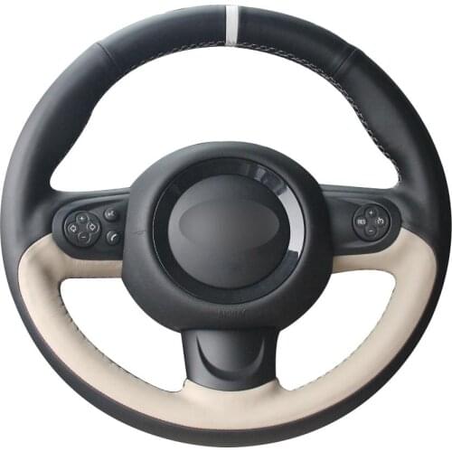 Non-slip Durable Black Natural Leather Beige Natural Leather White Marker Car Steering Wheel Cover For Mini Coupe