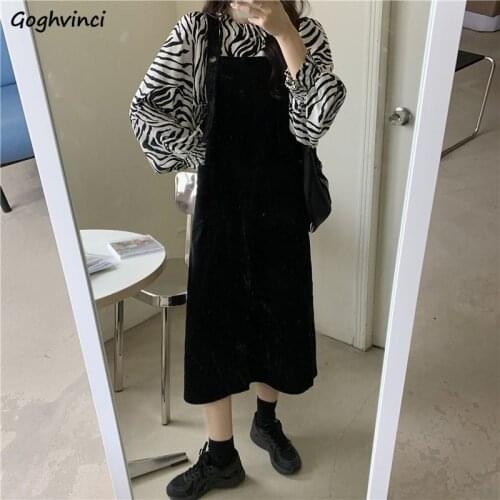 Sleeveless Dress Women Button Slash Neck Spaghetti Strap Suspenders Mid-calf Length Black Sweet Preppy Style Students Baggy New