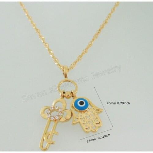 Yellow Gold Plated 45cm Water Wave Chain & Evil Eye Hamsa Hand And CZ Stones Key Charms Pendant Woman Girl Great Gifts