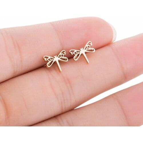 Women Fashion Gold Color Dragonfly Stud Earrings Precious Classic Earrings Stainless Steel Animal Earrings Girls Gift