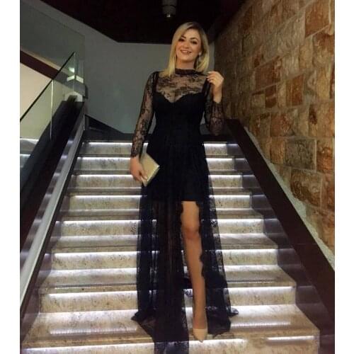 A Line Black Lace High Neck Long Sleeve Sexy Prom Long Side Cuts Party Elegant Evening Gowns فساتين السهرة robes de soirée