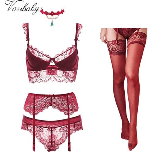 Varsbaby sexy lace push up bra sets bra+panties+garter+stockings+necklace Christmas 5 Pcs/Lots