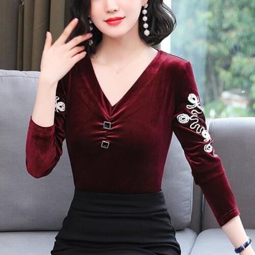 Womens clothing Black New Korean V-neck Printed velvet Velour Long Sleeve Embroidery Blusas Top Women Blouse Shirts 827A