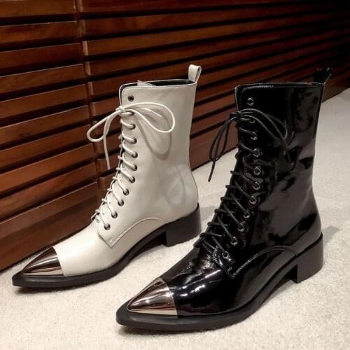 Womens Pointed Metal Toe Ankle Boots Genuine Leather Lace Up Chunky Heel Shoes Chelsea Riding Punk New Plus Size 2022