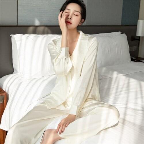 Womens Full Sleeve Pant 2PCS Pajamas Set Spring Autumn Faux Silk Nightwear Casual Triangular Neckline Sleepwear Retro Home Wear