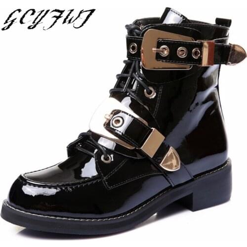 Womens Mid Calf Boots Winter Patent Leather Metal Decoration Buckle Women Shoes Sewing Platform Non-Slip Warmest Botines Mujer