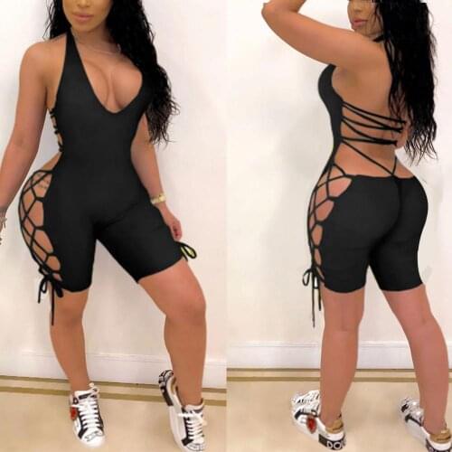Women Solid Color Sexy Backless Sleeveless Deep V Halter Romper Lace-up Jumpsuit Women Jumpsuit Halter Romper Lace-up Jumpsuit W