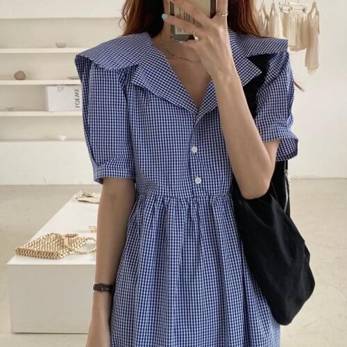 2021 Sweet Students Plaid Notched Stylish Vintage Short Sleeves Summer Fashion Femme All Match Long Dresses Large Lapel Vestidos