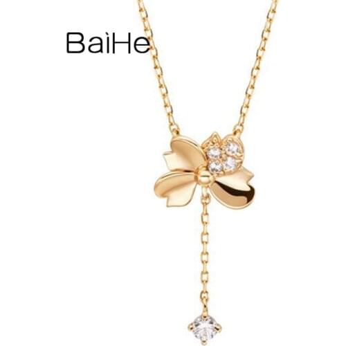 BAIHE Solid 18K White/Yellow/Rose Gold 0.14ct Natural Diamonds Wedding Fine Jewelry Beautiful flower diamond Necklaces Women