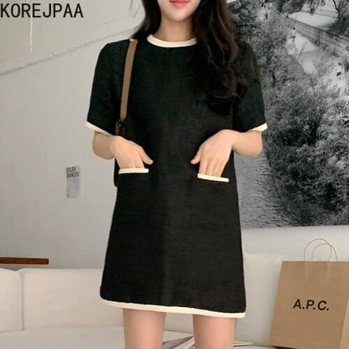 Korejpaa Women Dress 2021 Summer Girl French Temperament Round Neck Contrast Color Edging Loose Versatile Double Pocket Vestidos